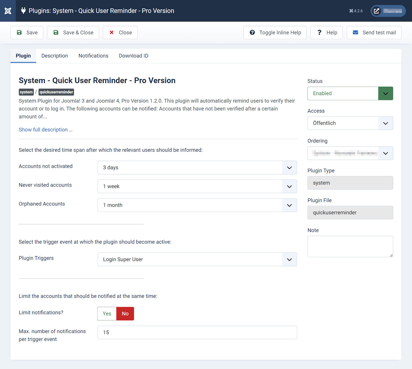 Quick User Reminder settings in Joomla