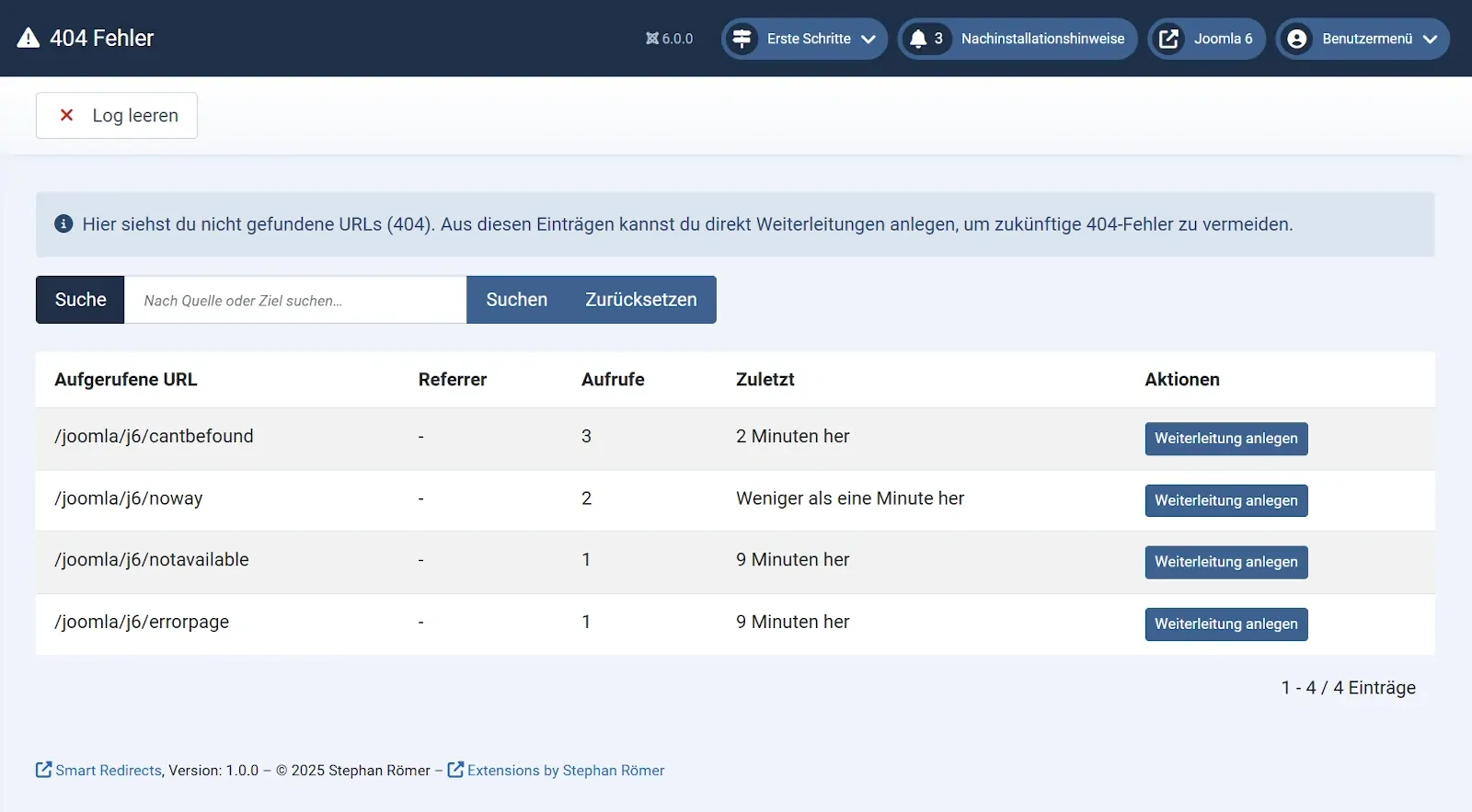 404-Protokoll in Smart Redirects für Joomla