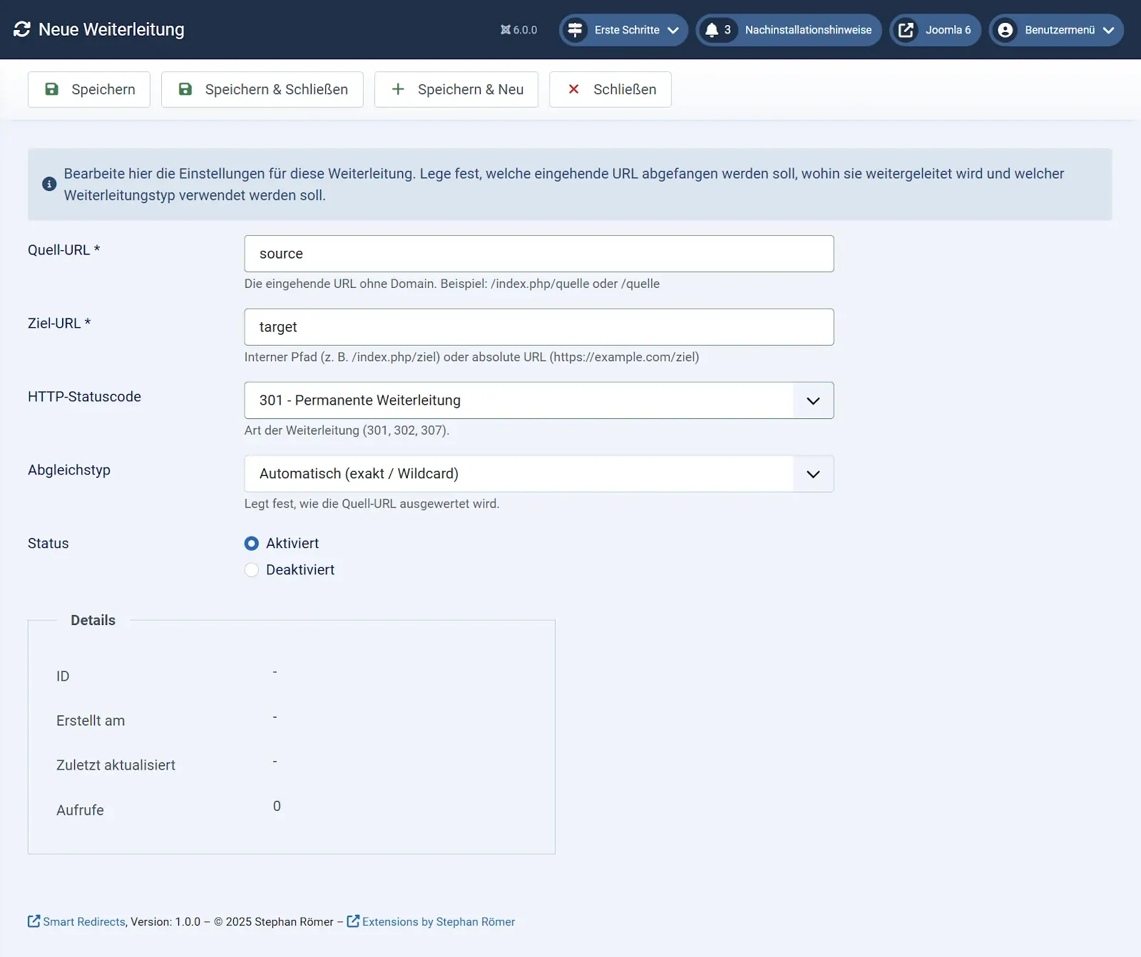 Weiterleitung in Smart Redirects erstellen und bearbeiten