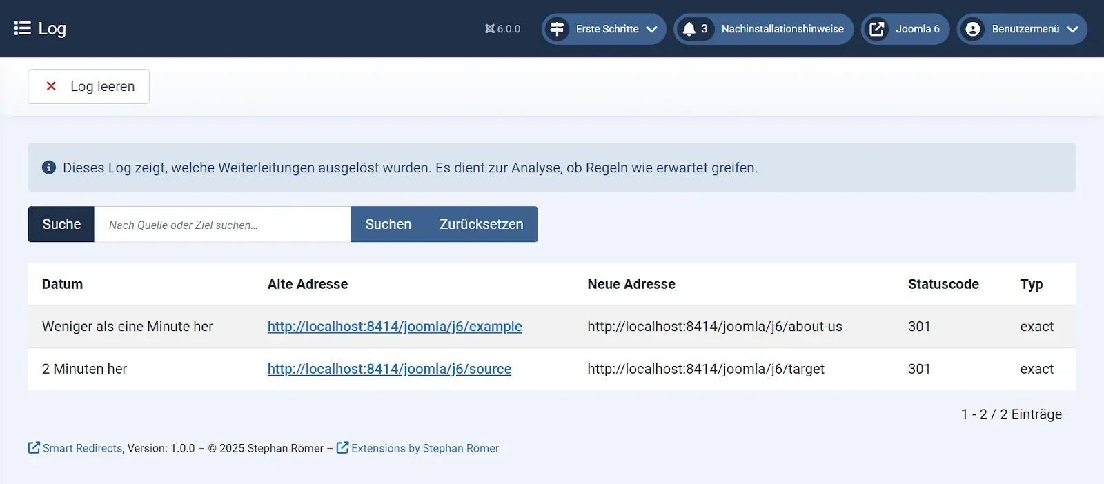 Protokoll ausgeführter Weiterleitungen in Smart Redirects