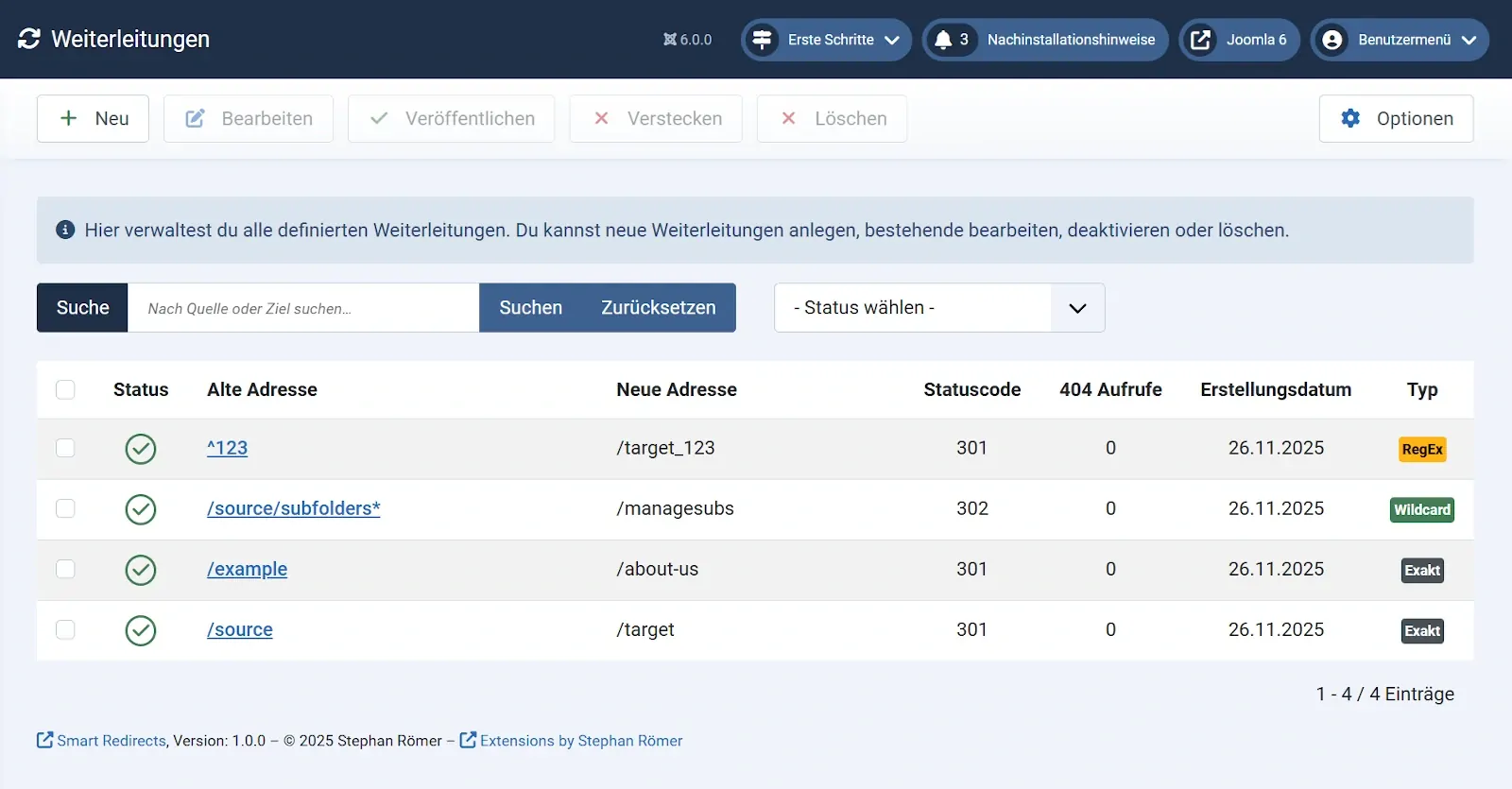 Übersicht der Weiterleitungen in Smart Redirects für Joomla