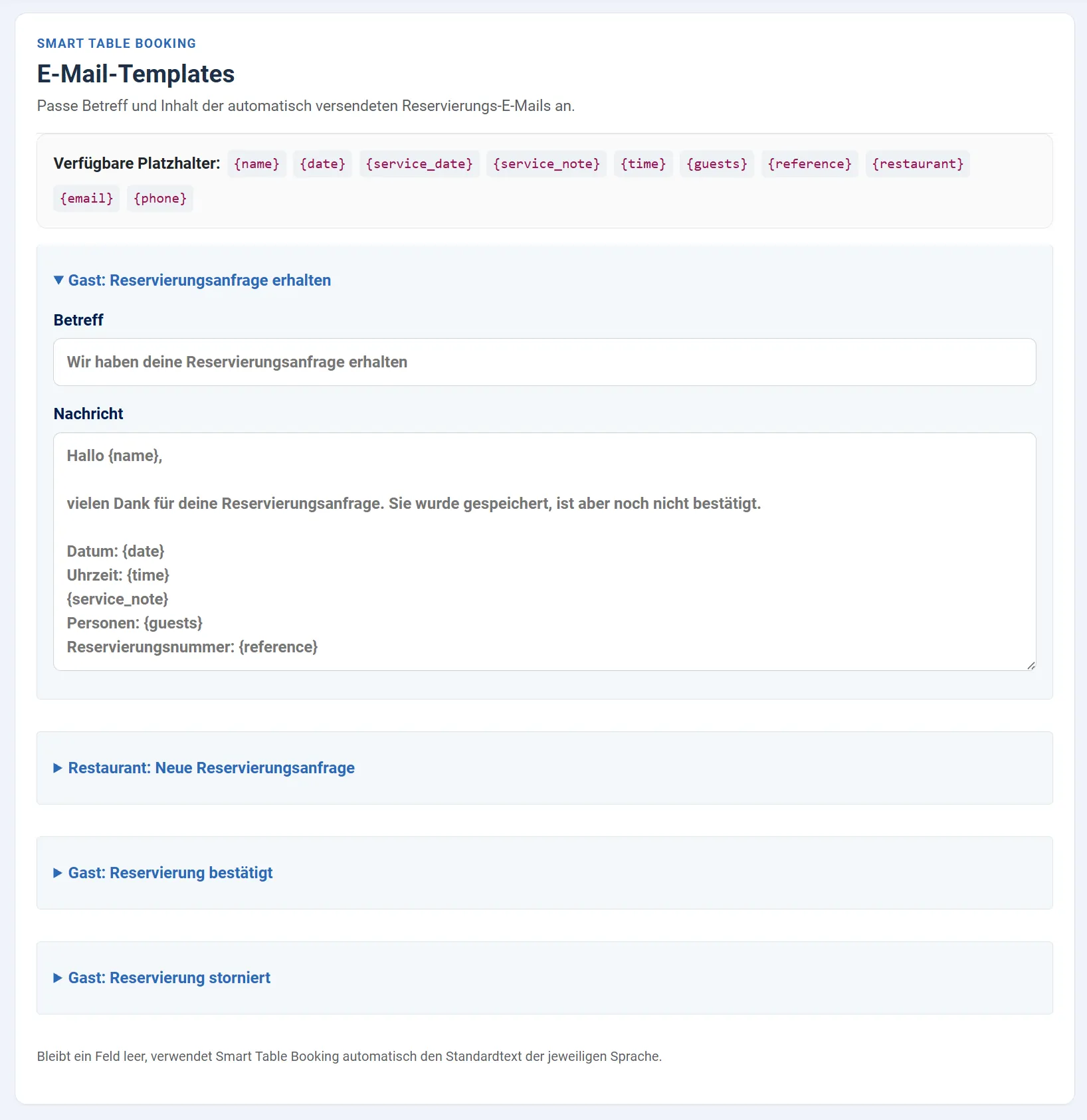 Reservierungsbestätigung per E-Mail mit Smart Table Booking