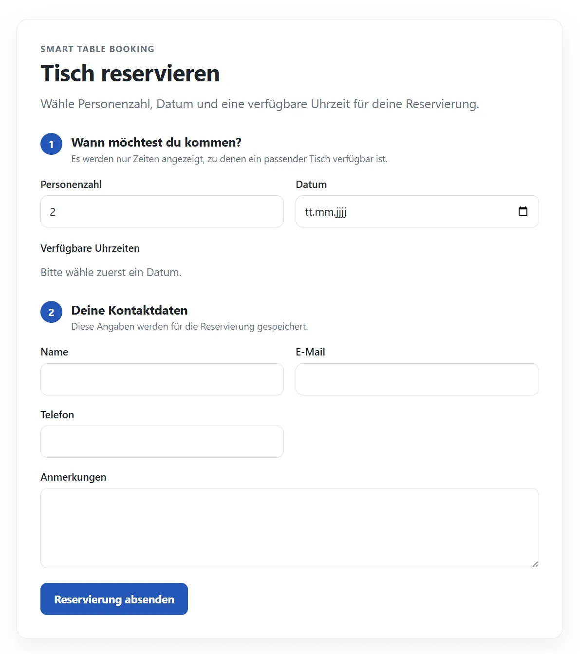 Online-Reservierungsformular von Smart Table Booking
