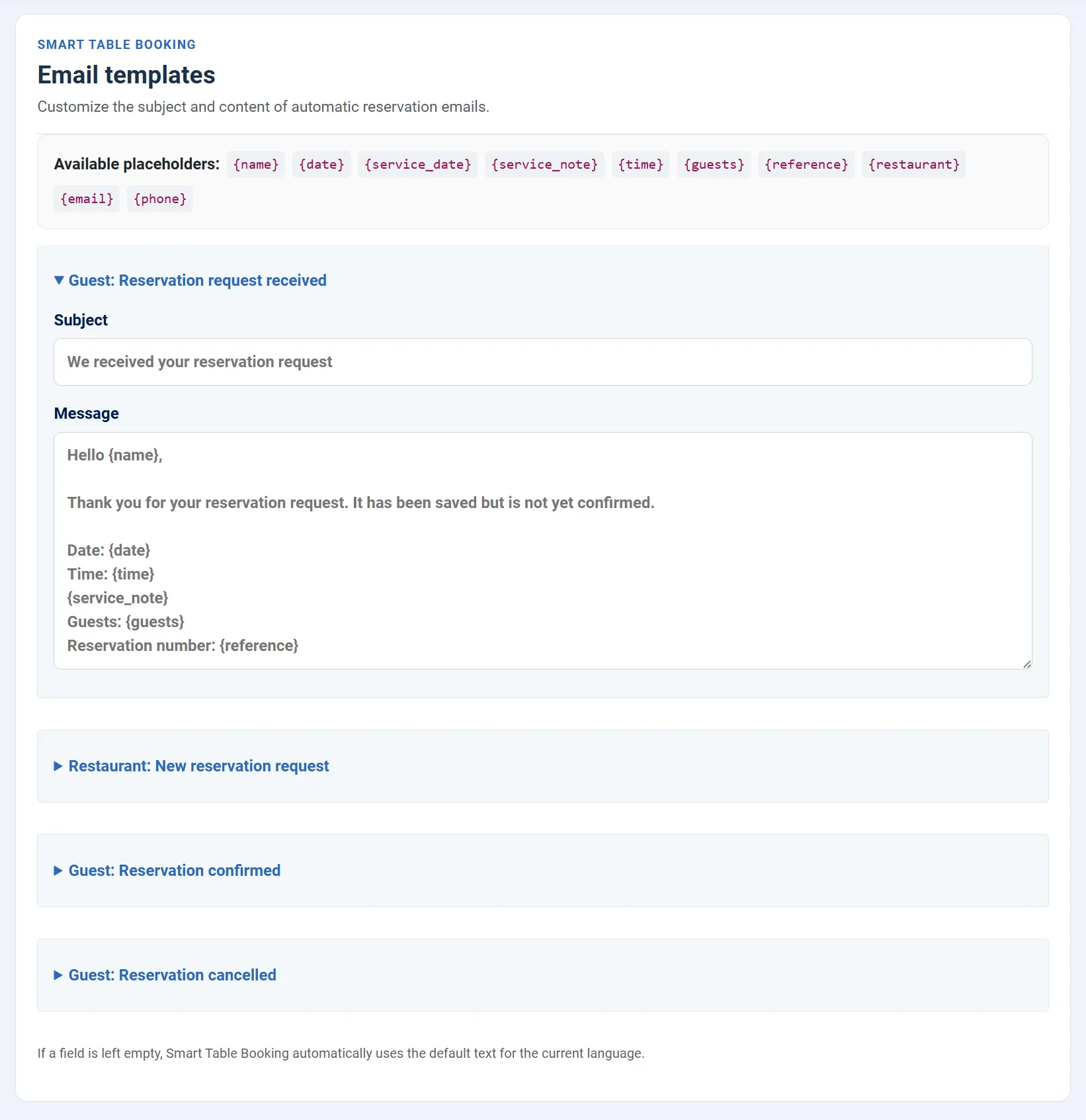 Reservation confirmation email from Smart Table Booking
