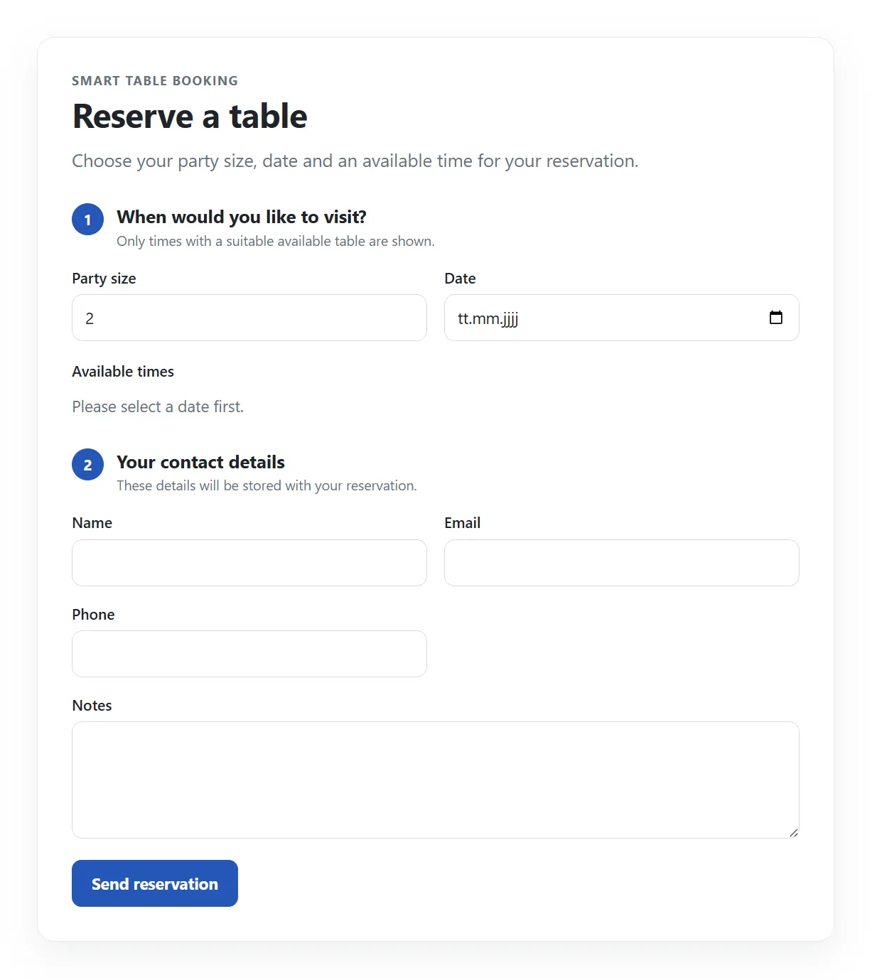 Online reservation form in Smart Table Booking