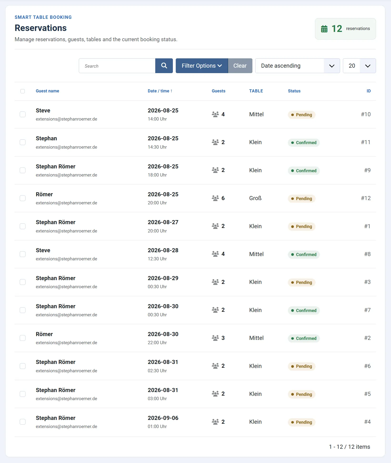 Reservation overview in Smart Table Booking for Joomla