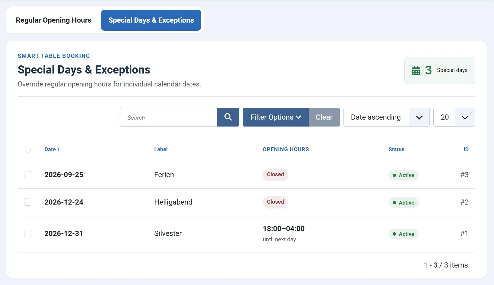 Special days and custom opening hours in Smart Table Booking