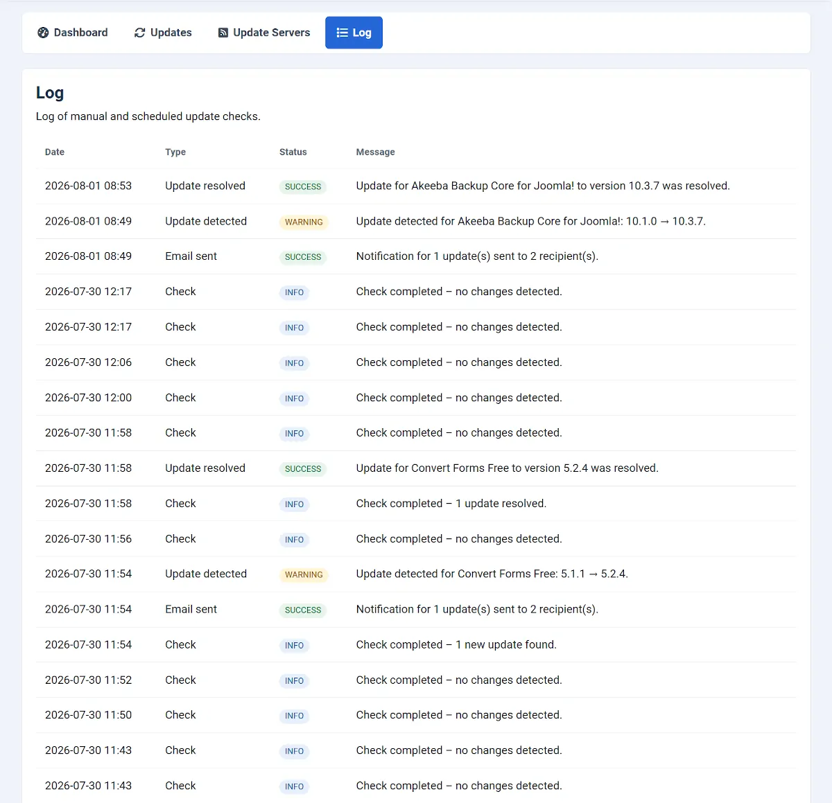 Smart Update Monitor activity log