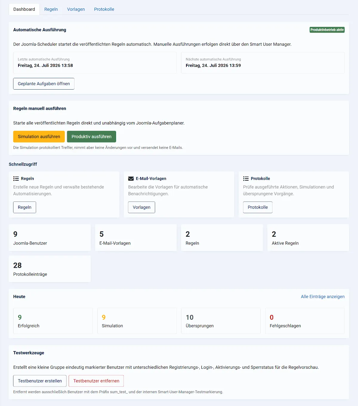 Dashboard des Smart User Manager