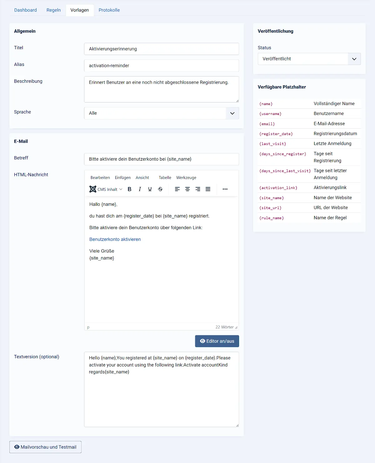 Erstellen einer E-Mail-Vorlage für Smart User Manager