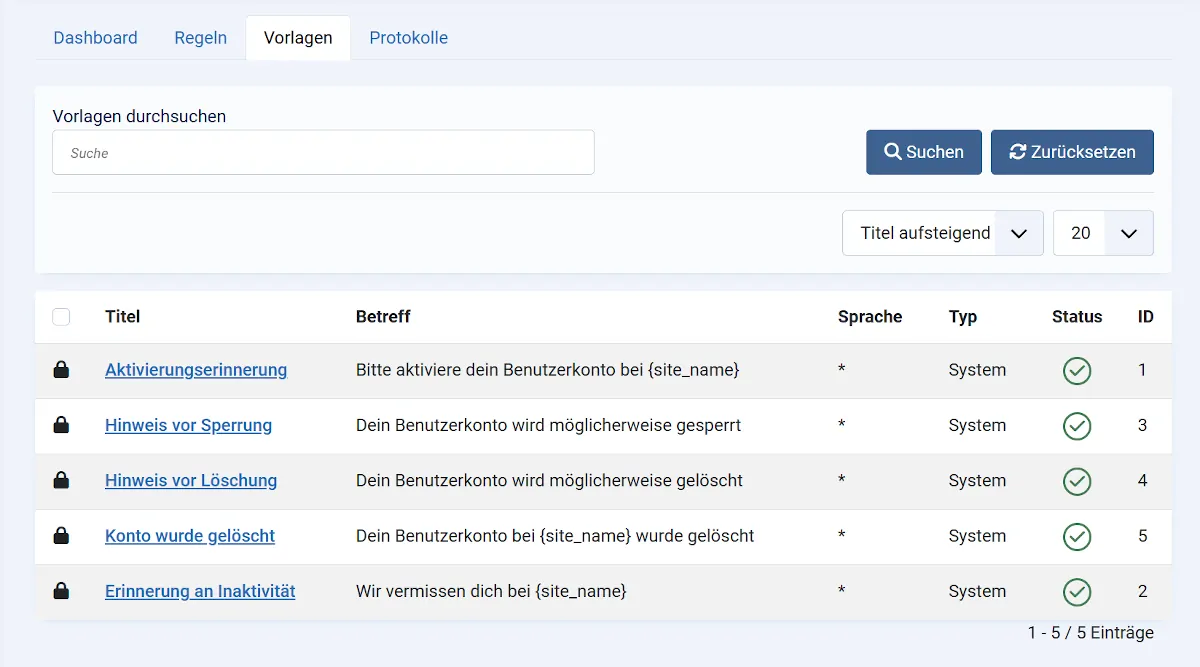 Übersicht der E-Mail-Vorlagen in Smart User Manager