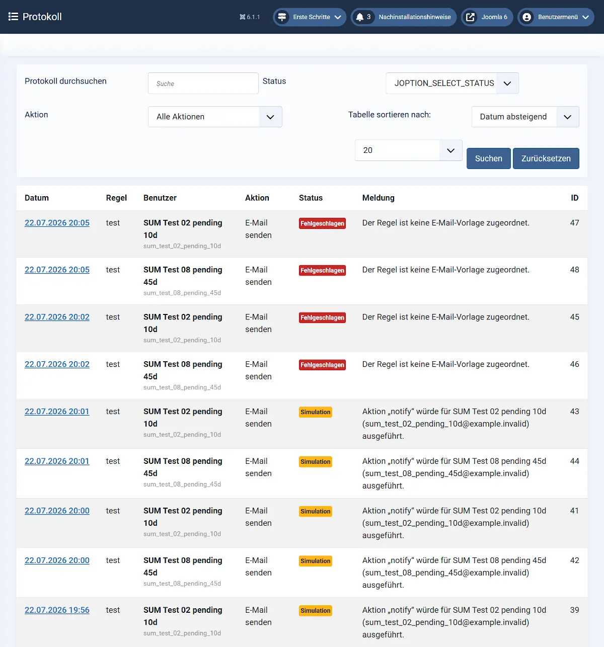 Liste aller Protokolleinträge in Smart User Manager