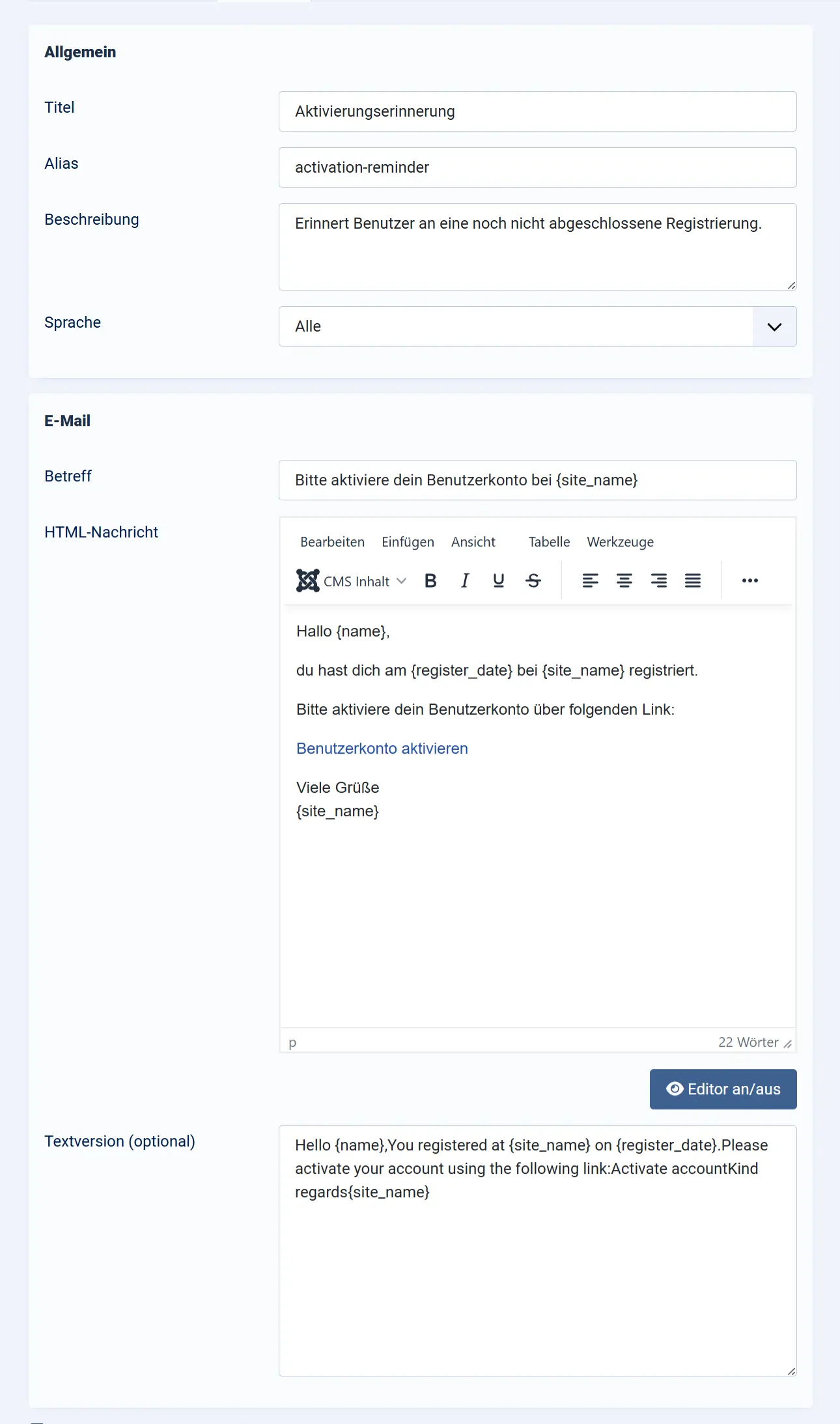 Multilingual email templates in Smart User Manager