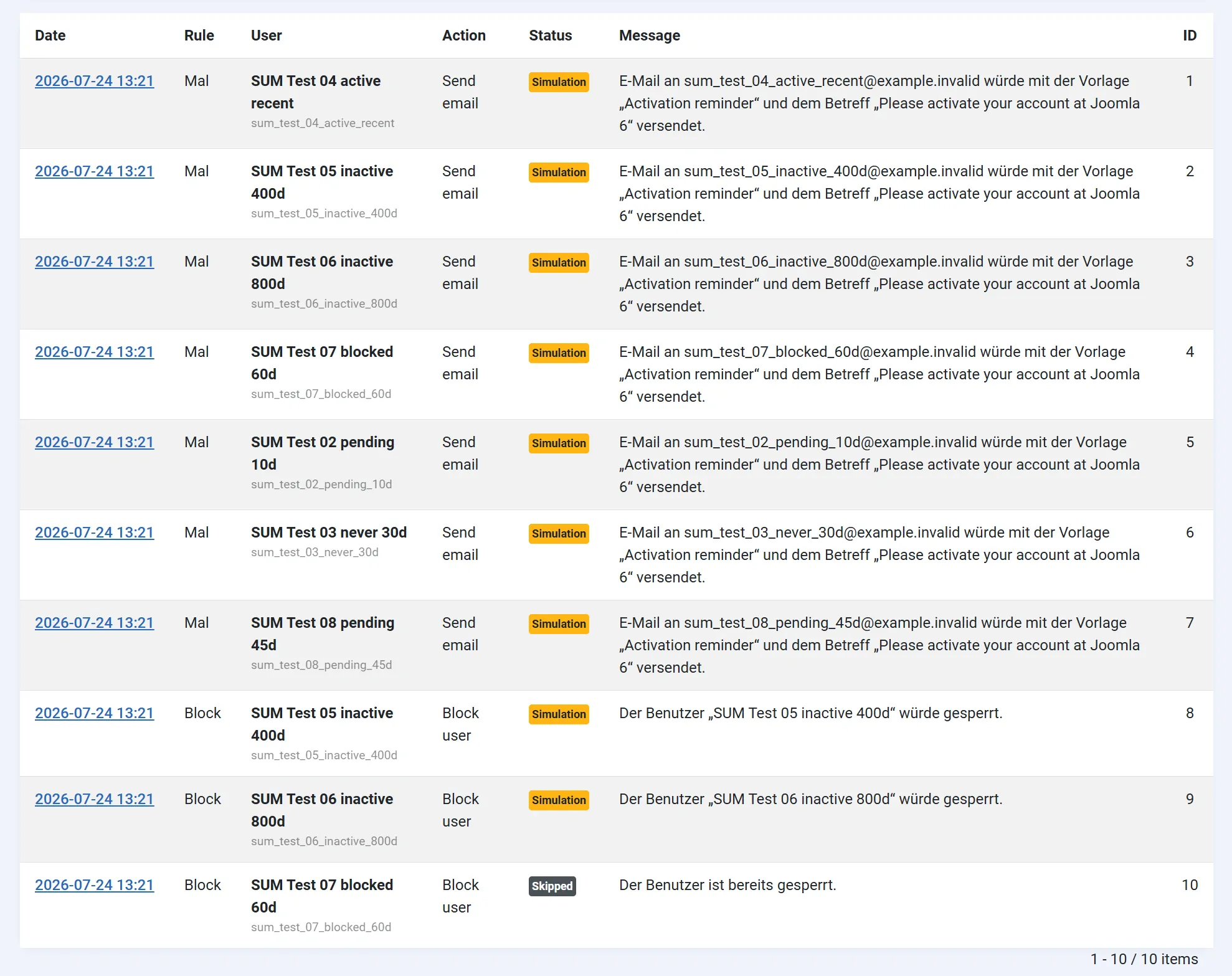 Execution log in Smart User Manager