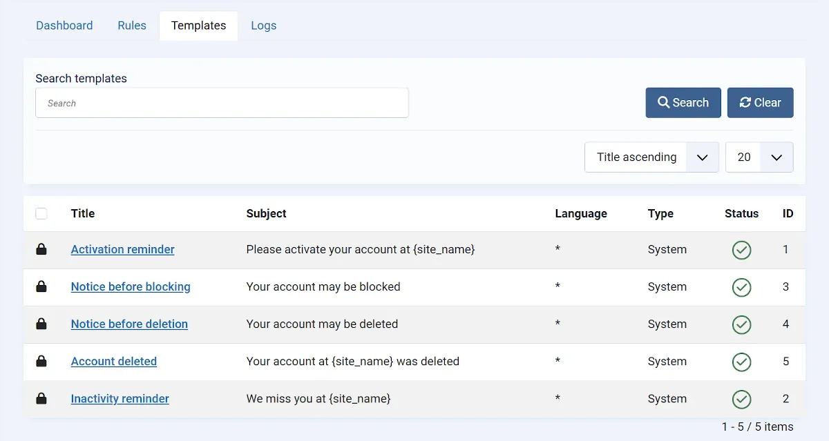 List of email templates in Smart User Manager