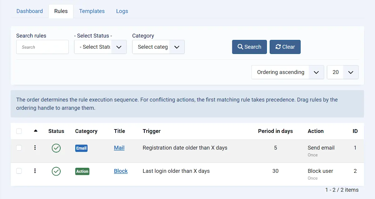 List of created rules in Smart User Manager
